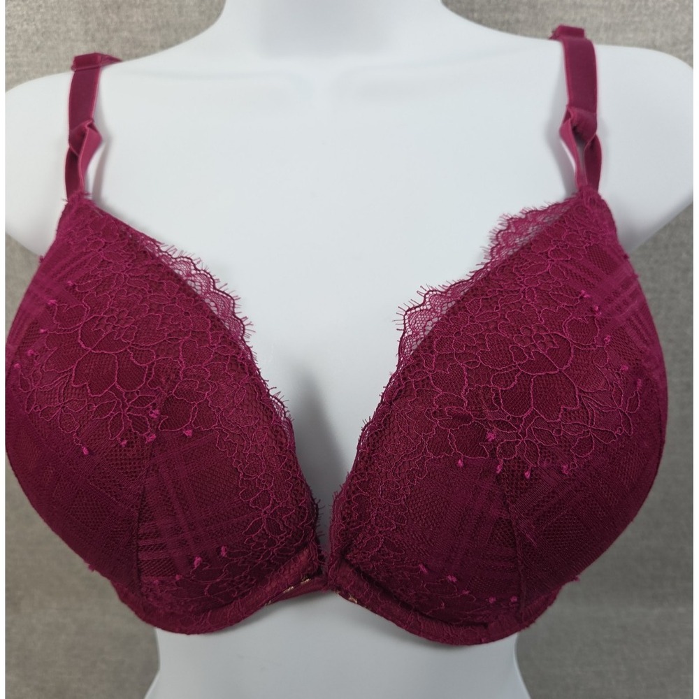 Victorias Secret Push Up Bra Women's 34DDD Maroon Lace Push Star Print Mesh Back